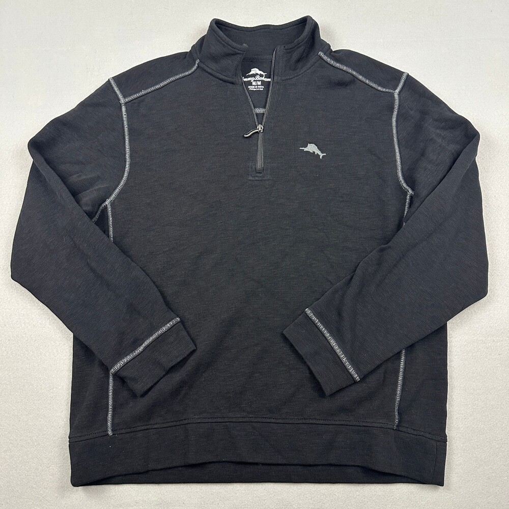 Tommy Bahama Sweater Men Medium Black Solid 1/4 Zip Pullover Logo Knit M *
